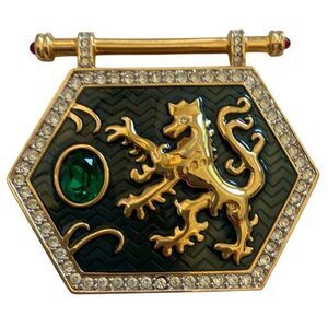 SWAROVSKI 80s Maximalism GoldTone Green Enamel Medieval Cosplay Shield Brooch